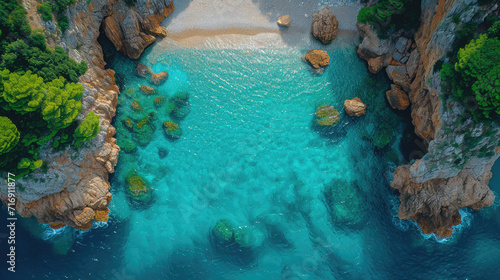 An overhead shot of a hidden beach and turquoise waters, flanked by rocky cliffs and greenery.