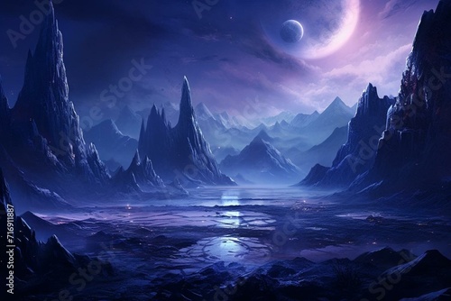 Breathtaking alien scenery depicting the majestic Heart Core Mountains. Generative AI