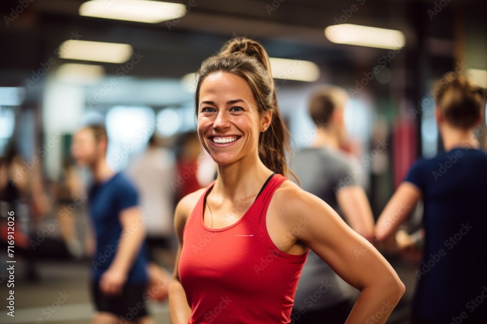 Portrait of a relaxed girl in her 30s doing body pump exercises in a gym. With generative AI technology