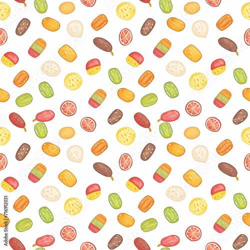 Dates and sweets seamless pattern. Gift wrapping, wallpaper, background. Eid al-Fitr