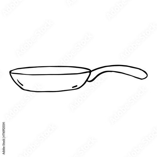 Black and white vector illustration of skillet in doodle style