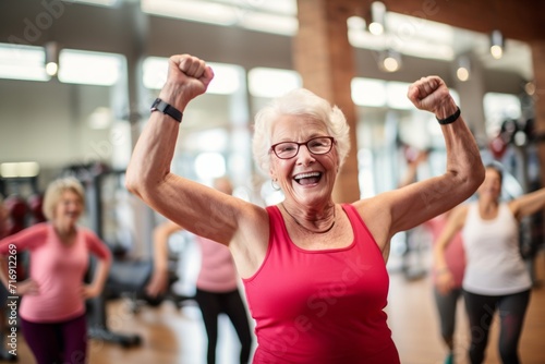 Portrait of an energetic old woman doing body pump exercises in a gym. With generative AI technology