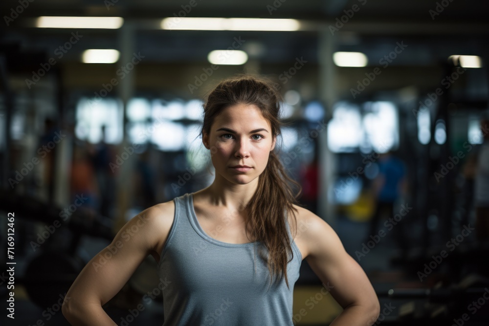 Fototapeta premium Portrait of a drained girl in her 30s doing bars in a gym. With generative AI technology