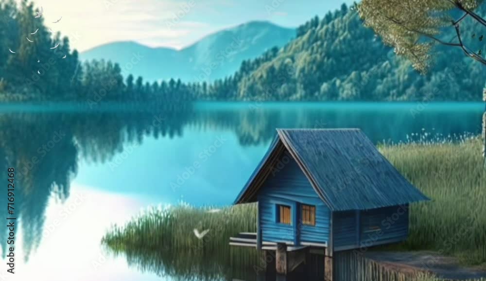 The enchanting view unfolds with an ancient wooden hut situated near a tranquil lake, surrounded by the splendor of the surrounding mountains, embodying the beauty of an unspoiled morning The enchanting view unfolds with an ancient wooden hut situated near a tranquil lake, surrounded by the splendor of the surrounding mountains, embodying the beauty of an unspoiled morning