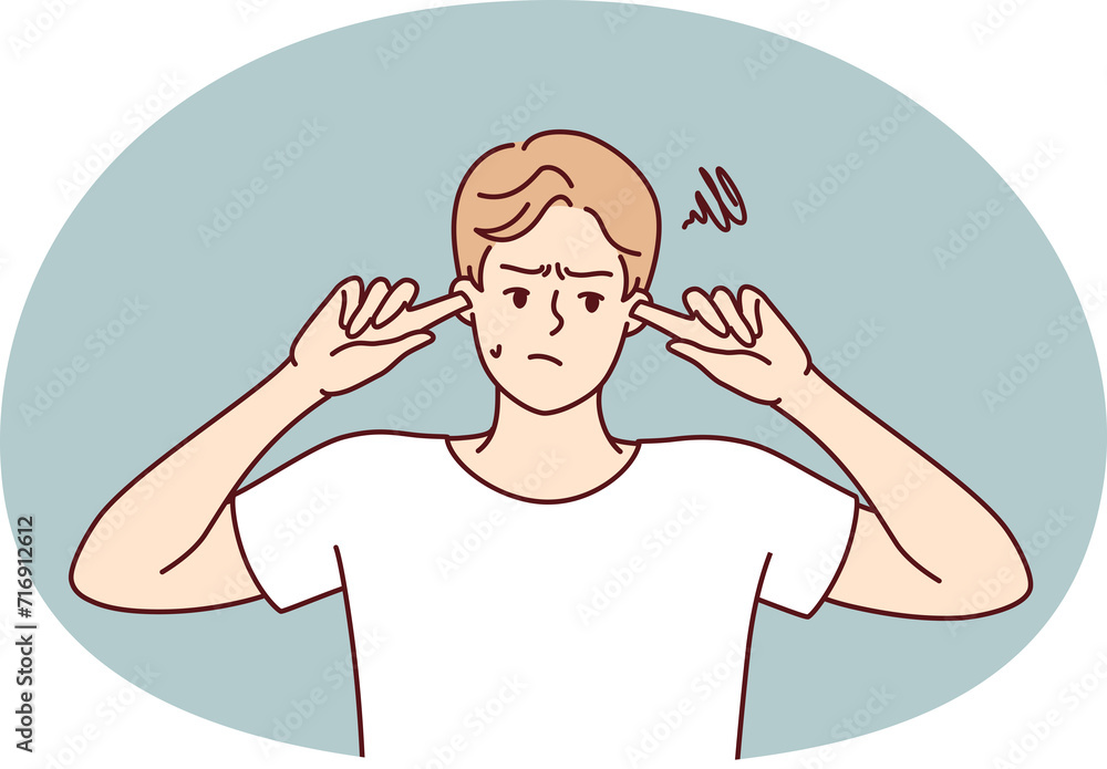 Offended guy closes ears does not want to hear toxic words or insults from peers or girlfriend. Embarrassed man trying to get rid of noise or loud music played by rude neighbors. Offended guy closes ears does not want to hear toxic words or insults from peers or girlfriend. Embarrassed man trying to get rid of noise or loud music played by rude neighbors.