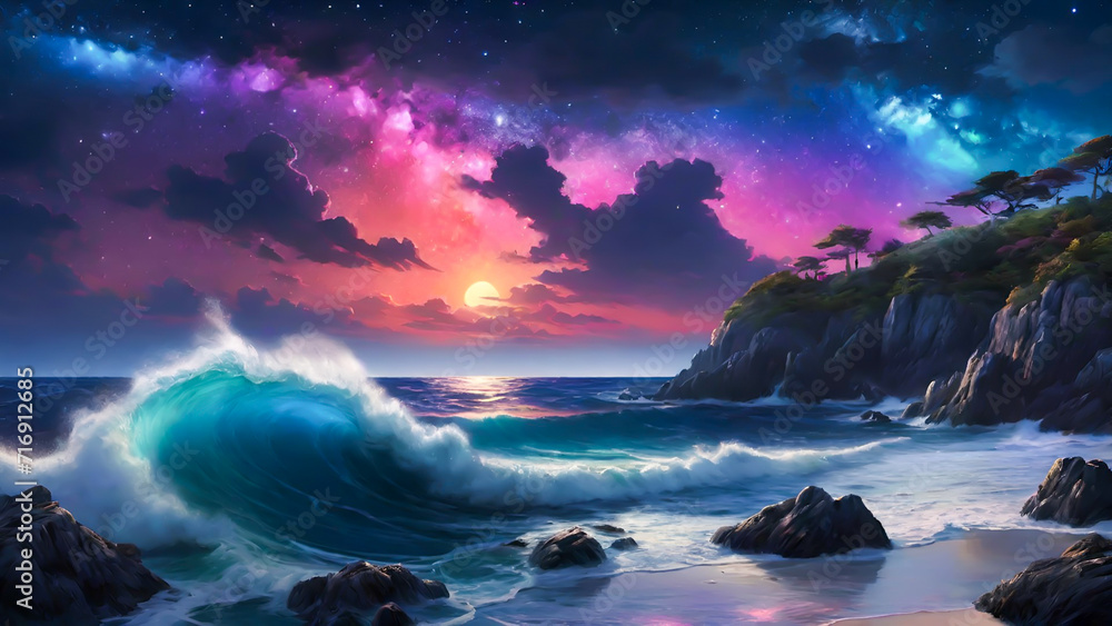 Painting of a Wave Crashing Into the Shore, Majestic Power and Tranquil Beauty Captured in Art