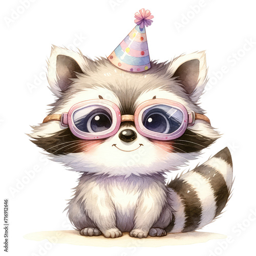 Cute Raccoon Birthday Celebration   Adorable Forest Party Animal Happy Birthday with a Cute Raccoon   Woodland Wildlife Greeting Card Smiling Raccoon in Party Hat   Fun Animal Birthday Illustration