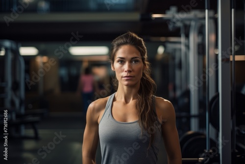 Portrait of a serious girl in her 30s doing bars in a gym. With generative AI technology