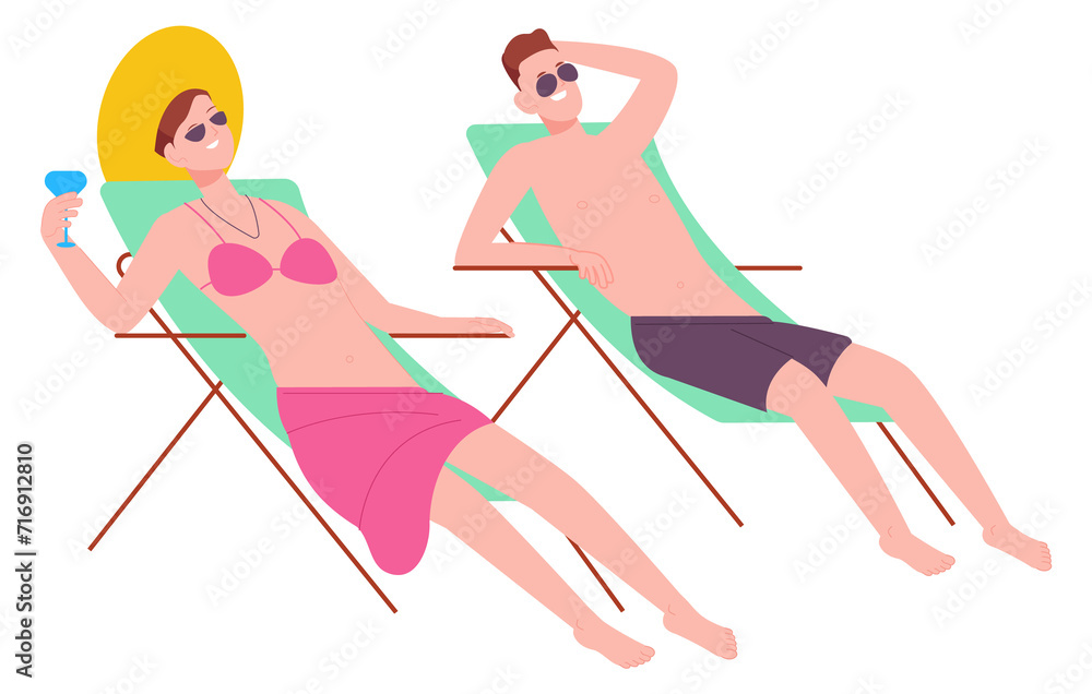 Man and woman sit on beach deckchairs. Couple resting on resort