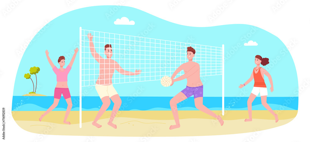 Summer volleyball. Young men and women playing on beach