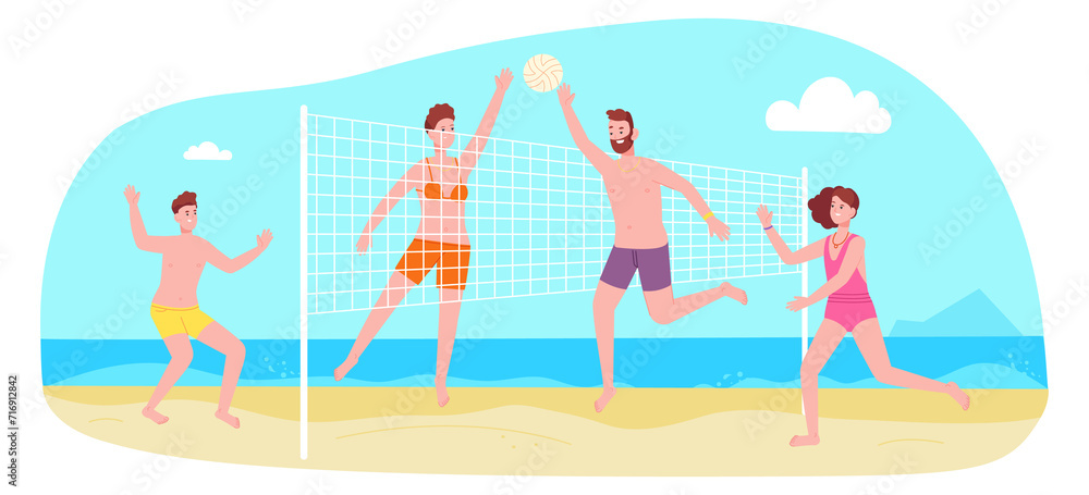 Family playing volleyball on beach. Summer fun activity