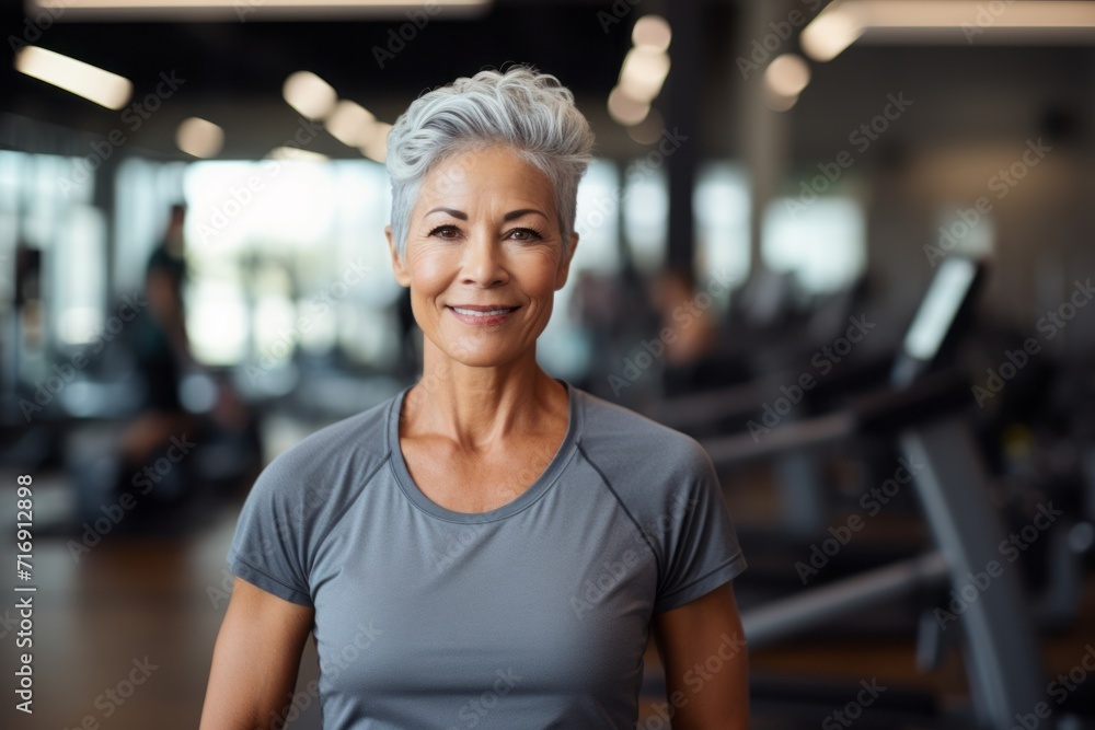 Fototapeta premium Portrait of an inspired mature woman doing bars in a gym. With generative AI technology