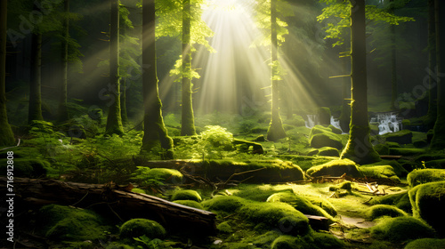 Green forest abstract nature summer banner background wallpaper,, Ethereal Forest with Sunlight Celestial Glo