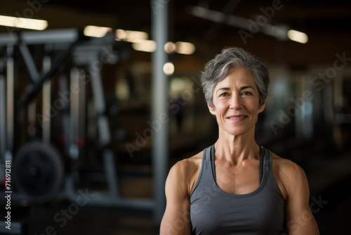Portrait of an inspired mature woman doing bars in a gym. With generative AI technology