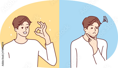Entangled in threads of man puzzled touches chin then smiles and shows OK gesture. concept of positive thoughts during difficult situations and ability to cope with stress.