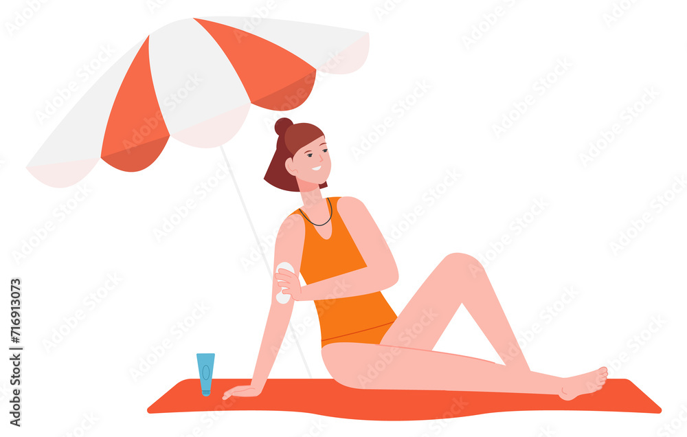 Young woman applying sunscreen on arms. Beach sun protection