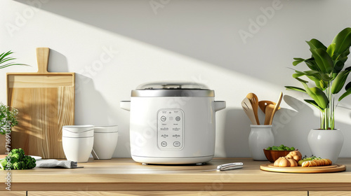 Modern electric multi cooker on wooden table in modern kitchen with white walls, 
