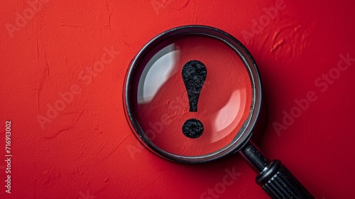 Exclamatory symbol concept. Zooming lens highlighting Exclamation mark symbol on crimson backdrop with blank area for inserting your text or emblem. photo