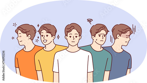 Foto Identical men with positive and negative emotions look in different directions for concept of frequent mood swings