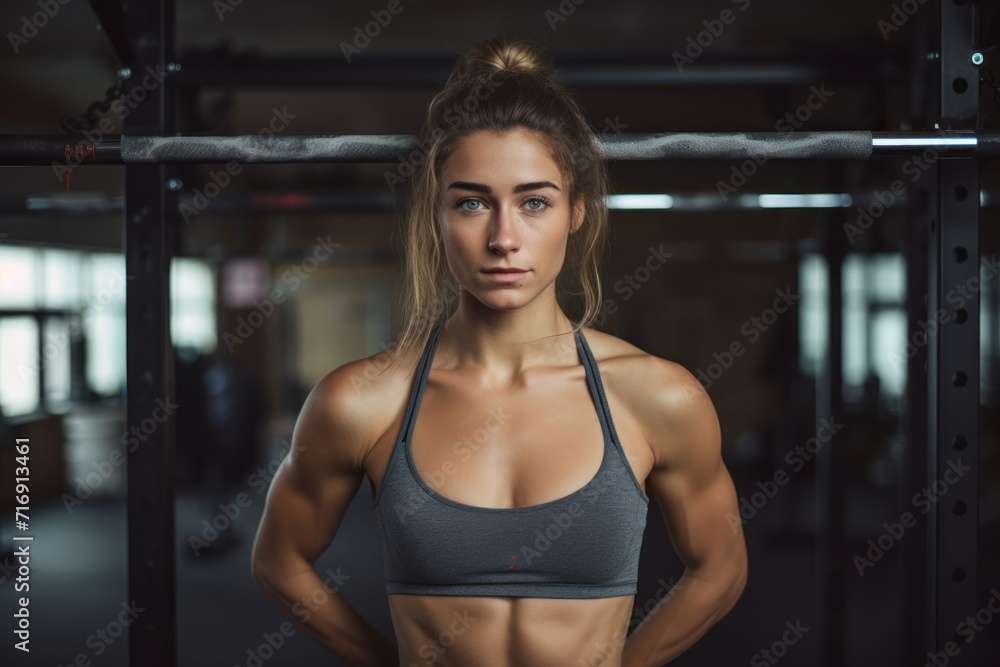 Portrait of a handsome girl in her 20s doing bars in a gym. With generative AI technology