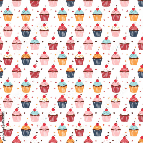 Birthday cupcakes with cherry on top seamless pattern. Gift wrapping, wallpaper, background. Birthday