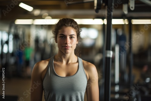 Portrait of a handsome girl in her 20s doing bars in a gym. With generative AI technology