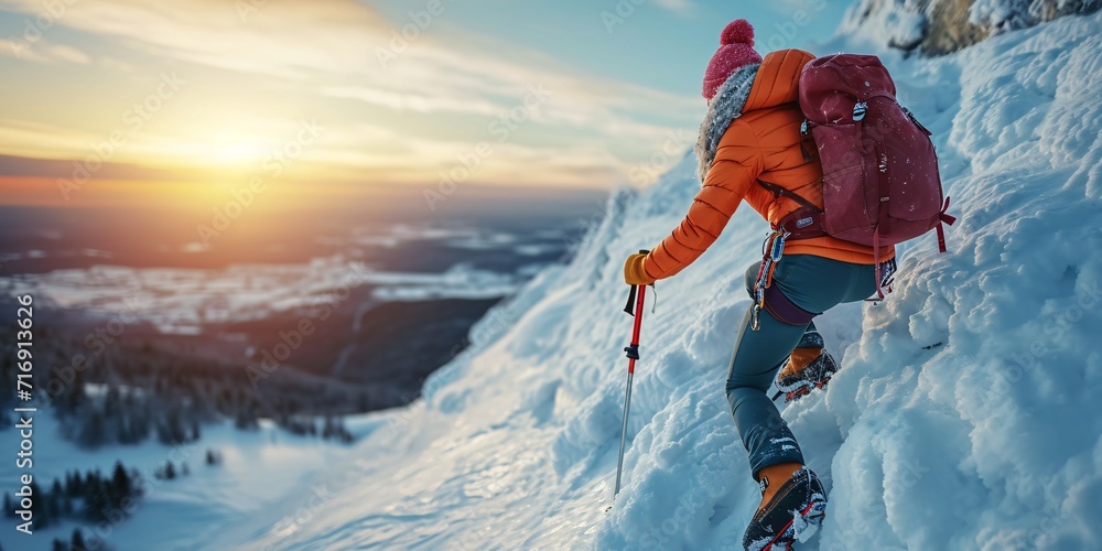 Female mountaineer using ice tool on steep terrain captured in high