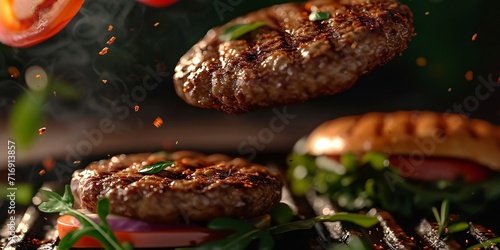 Realistic 3D burgers falling in the air, featuring grilled meat and a variety of toppings in a detailed photo composition.