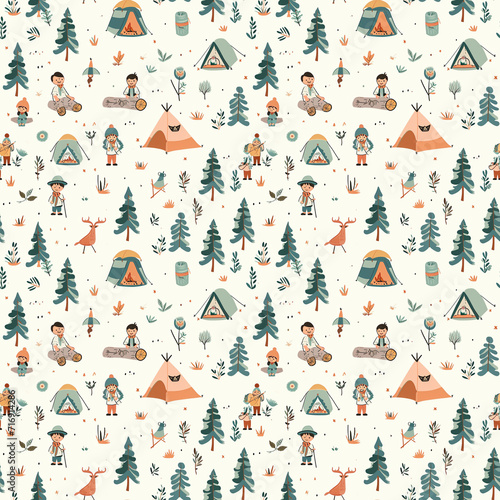 Scout camping scenes seamless pattern. Gift wrapping, wallpaper, background. National Boy Scout Day