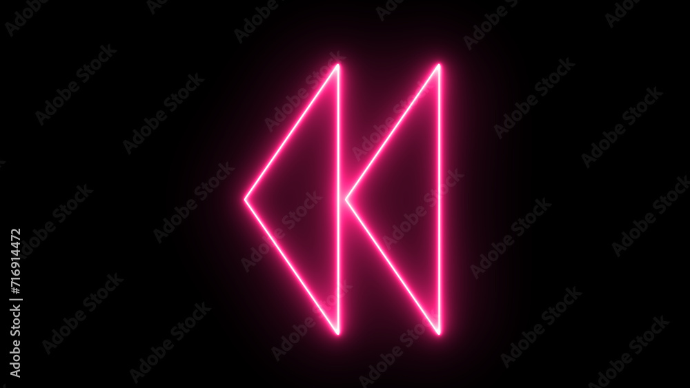 Linear neon animation of blue and pink rewind button on black background. Motion graphic. Linear neon animation of blue and pink rewind button on black background. Motion graphic.