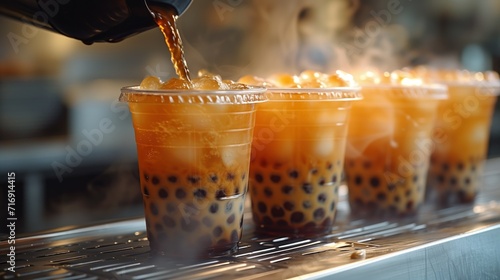 the bubble tea is being poured into glass cups, milk tea, asian beverage, colorful beverage, tea house, cold drink, taiwanese beverage, boba tea photo