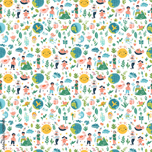 Earth Day activities seamless pattern. Gift wrapping, wallpaper, background. World Environment Day © Olezhan