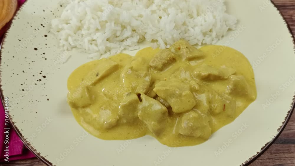 viande cuisiné au curry et lait de coco et riz blanc dans une assiette