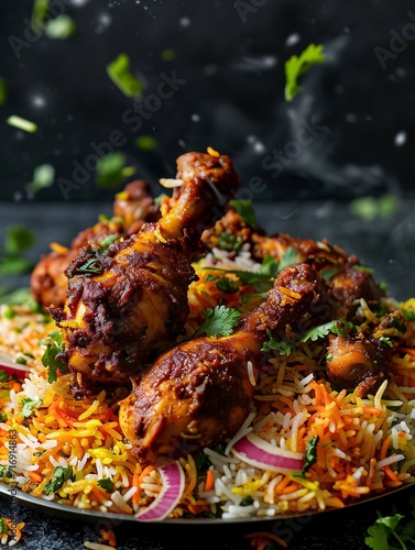 Spicy Indian chicken biryani captured in a stunning food photo against a black backdrop.