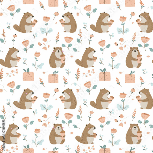 Groundhog Day festivities seamless pattern. Gift wrapping, wallpaper, background. Groundhog Day