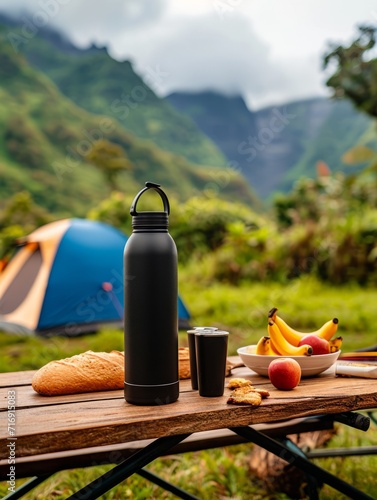 Camping concept with black water bottle on picnic table, fresh fruit tray, bread, water glasses. In the background is nature with high mountains and a lake
