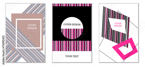 Geometric cover design, set of 3 covers. Abstract unusual background in Memphis style. Bright geometric shapes in random order