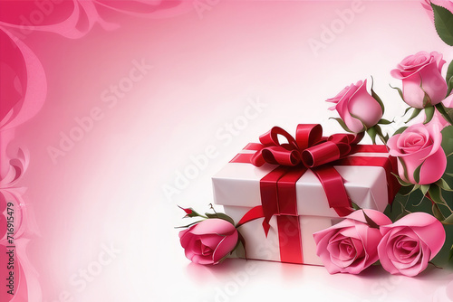 Background with roses pink colour and a gift with red ribbon © JackBoiler