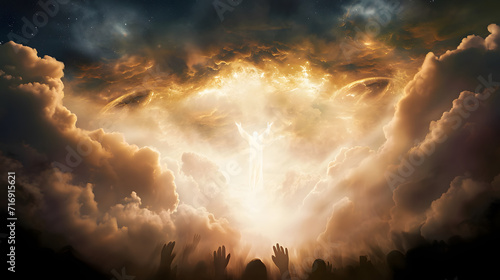 Heaven opens as God comes down to earth for the final judgment. Reckoning day concept religious theme. photo