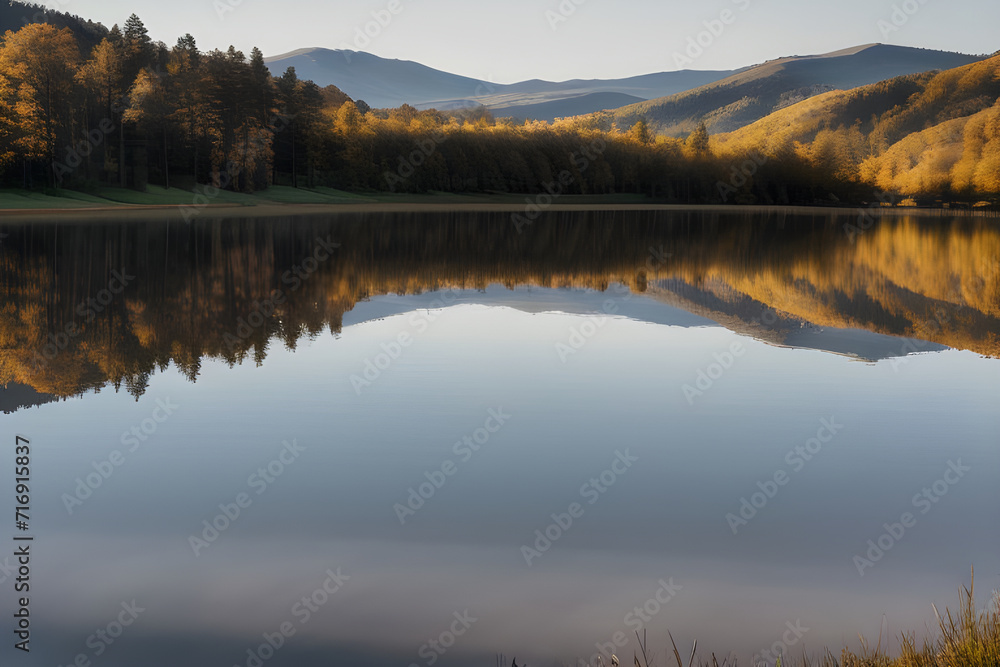 A tranquil lake nestled among rolling hills, with a clear blue sky reflecting in the water