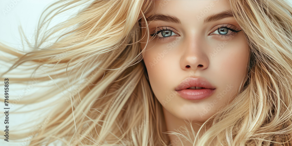 Naklejka premium Close-up of Blonde Woman with Voluminous long Hair on white background. A detailed portrait of a young blonde with flowing hair and striking eyes.
