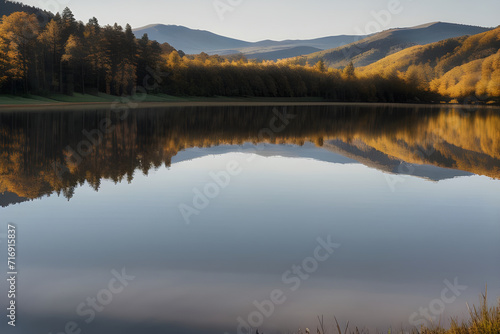 A tranquil lake nestled among rolling hills  with a clear blue sky reflecting in the water