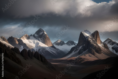 A rugged mountain range with rocky peaks and deep valleys