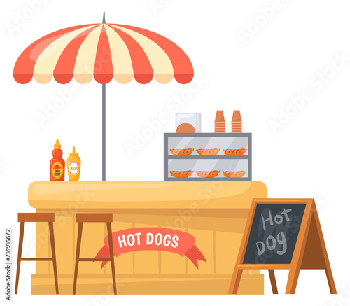 Hot dog stand. Cartoon street food booth