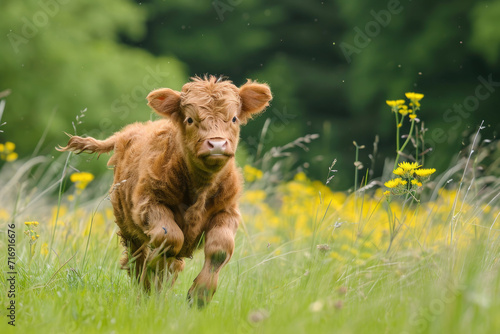 Highland Cow Calf Frolicking in Scottish Meadows