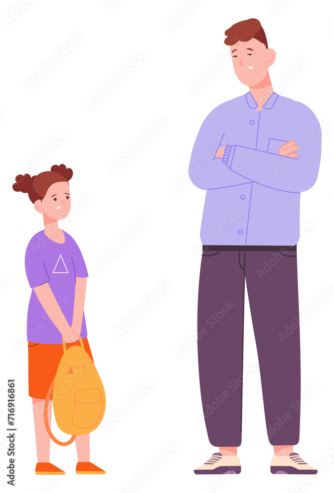 Dissapointed father with daughter. Sad parent and kid conflict Dissapointed father with daughter. Sad parent and kid conflict