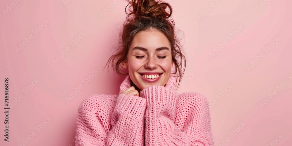 Self-acceptance idea captured in an image of a beautiful woman hugging herself with confidence, blissfully enjoying her cozy and stylish pink pullover, tilting her head and standing inside. Self-acceptance idea captured in an image of a beautiful woman hugging herself with confidence, blissfully enjoying her cozy and stylish pink pullover, tilting her head and standing inside.