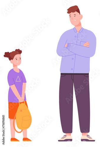 Dissapointed father with daughter. Sad parent and kid conflict