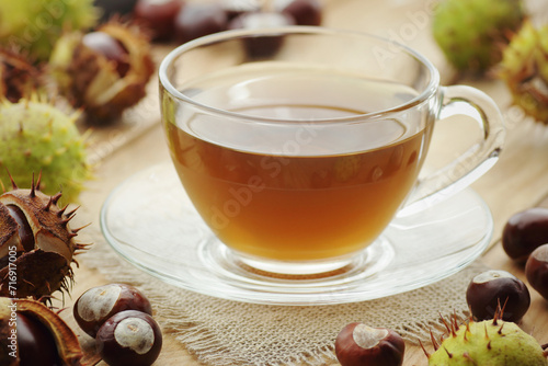 Hourse chestnut tea or extract with seeds on wooden rusric table, closeup, copy space, green medicine, hair and skin care, super food supplement, healthcare for leg pain and vein health concept photo