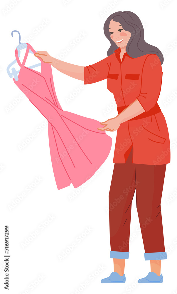 Woman looking on pink dress. Clothes shopping person Woman looking on pink dress. Clothes shopping person
